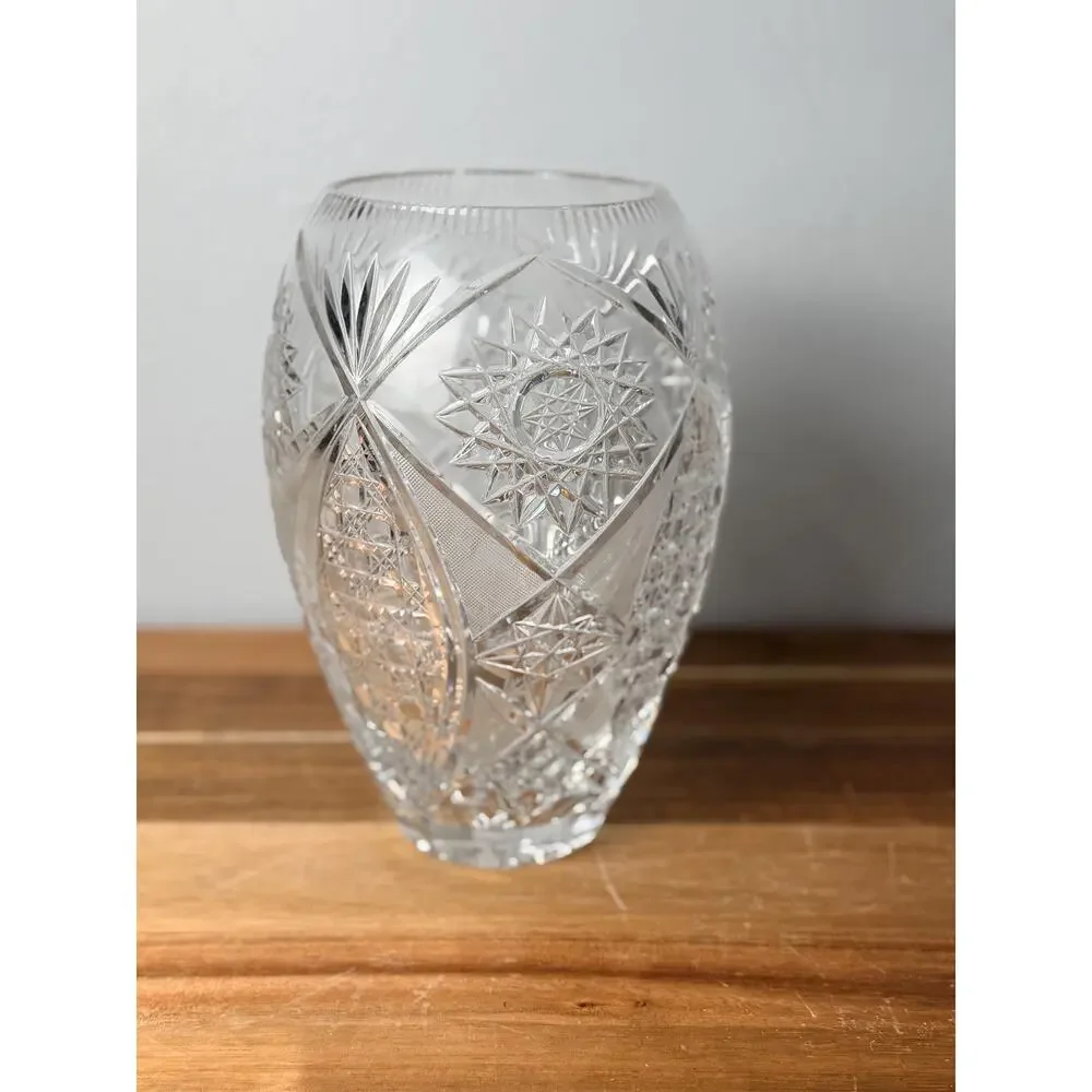 Vintage Hand Cut Crystal Vase, American Brilliant Hobstar Fan Pattern